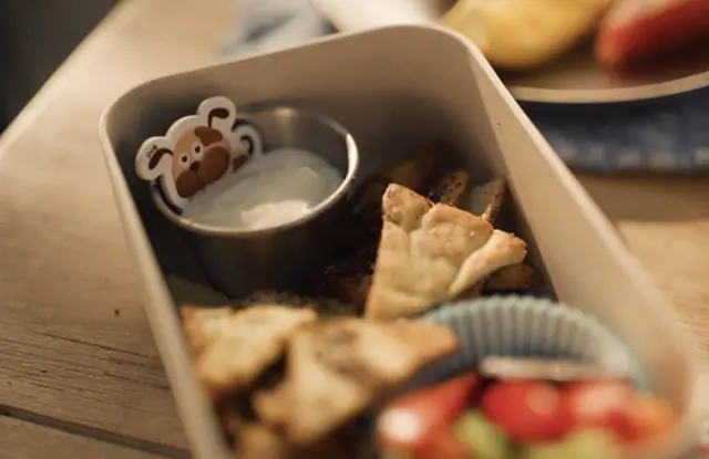 Pita Bread Nachos Lunchbox with Cream Cheese Spread and Fresh Veggies