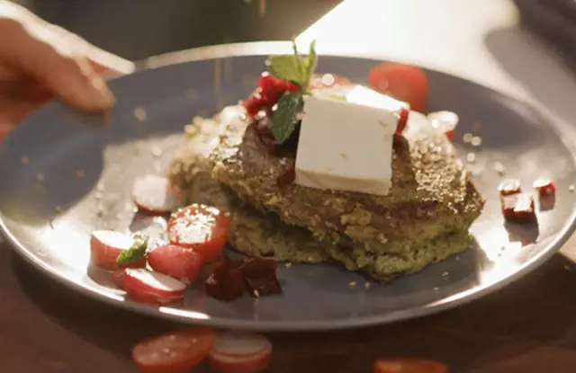 Savoury Falafel Pancakes with Cream Cheese Squares and Vegetables