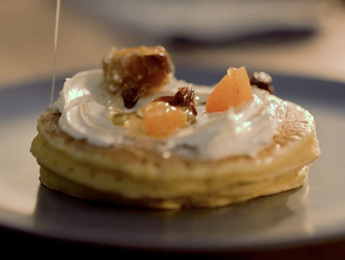 Saffron & Rosewater Pancakes with Dried Fruits and Natural Cream Cheese